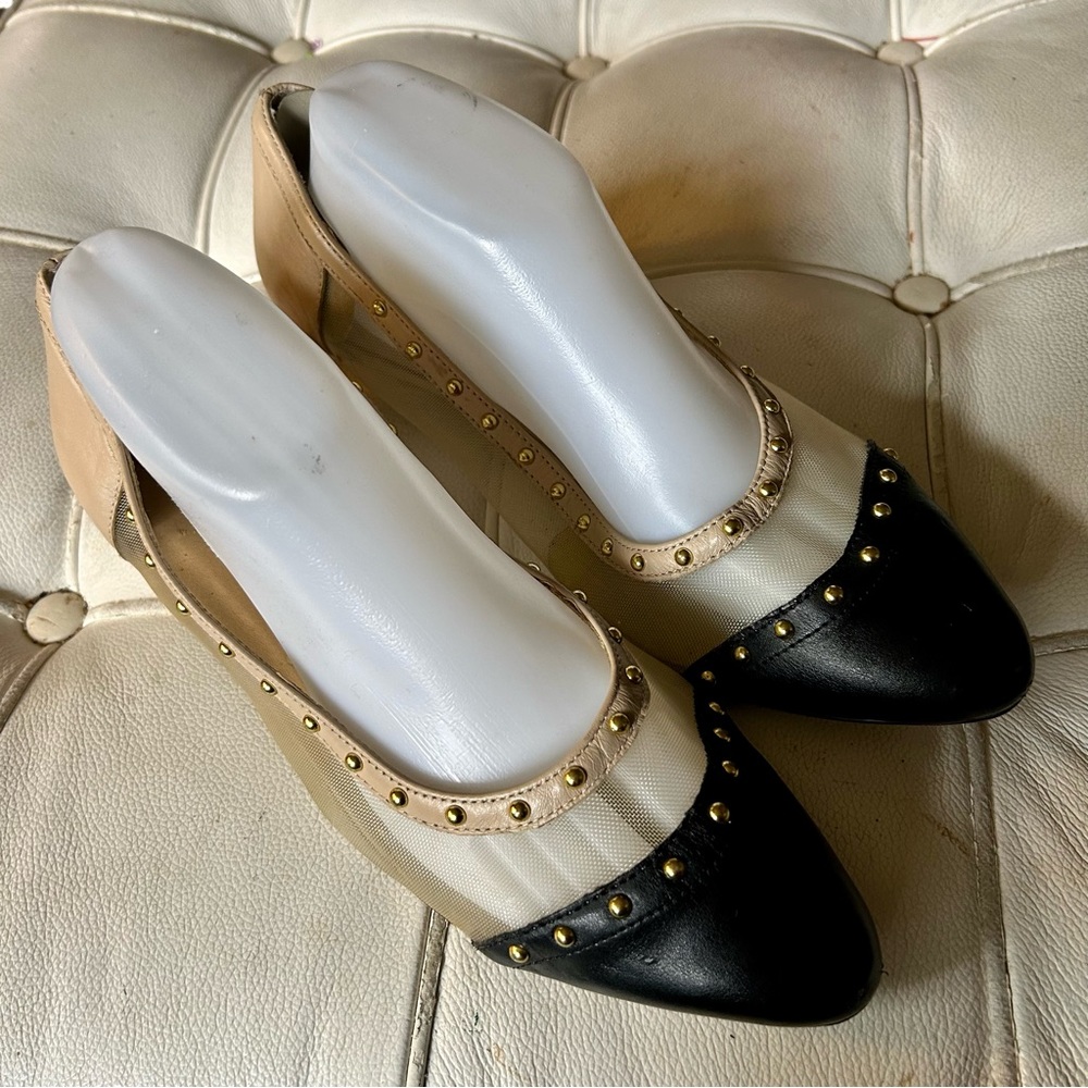 Neiman Marcus ballet flats black tan leather with inset detail sz 10 good cond